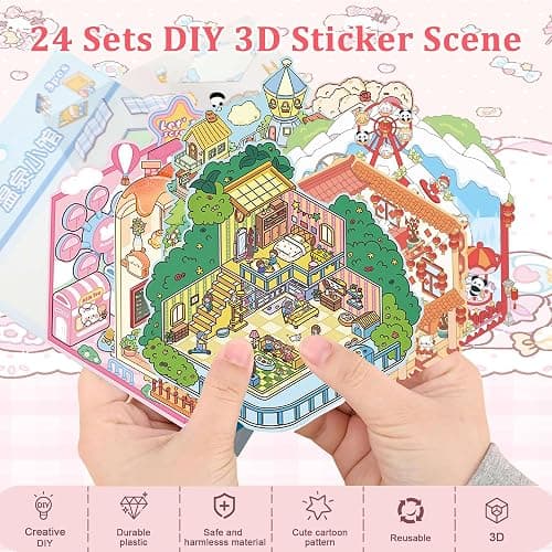 24 Sets 3D Sticker Scene, Sticker Therapy DIY, Kawaii 3D Stickers for Adults Girls Kids, Build Your Own Scene Stickers Collection Cozy Room Cute Miniature House Shop, Relief Stress Pass The Time thumbnail 4