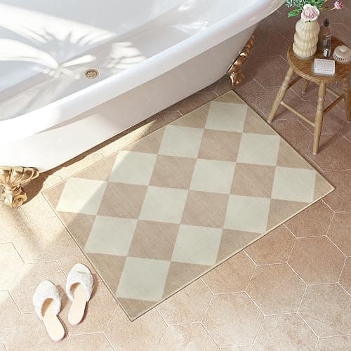 Beeiva Checkered Print Washable Indoor Door Mats for Entryway, 2x3 Non Slip Ultra Thin Bathroom Rugs Fit Under Door, Moroccan Diamond Decor Beige Small Rugs for Bedroom Kitchen Laundry Entrance thumbnail 7
