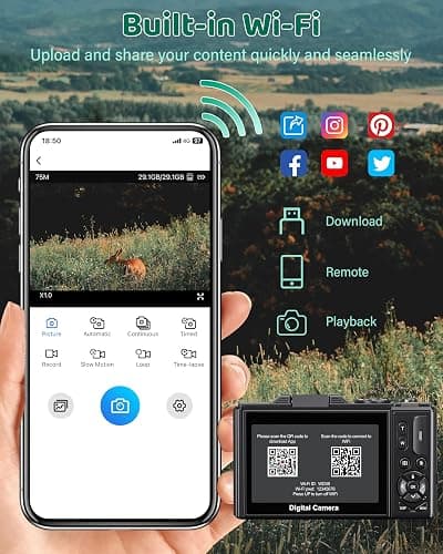 5K Digital Camera - WiFi 75MP UHD Cameras for Photography - Autofocus Vlogging Camera for YouTube with 18X Zoom 3" 180° Flip Screen - Video Cameras Compact Travel Camara with 32GB SD Card 2 Batteries thumbnail 5