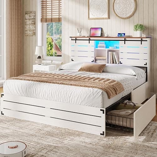 VIAGDO Wooden Bed Frame Full Size with Bookcase Headboard and Sliding Barn Door, Farmhouse Bed Frame Full Size with Charging Station, LED Lights and 4 Storage Drawers, No Box Spring Needed, White - Image 1
