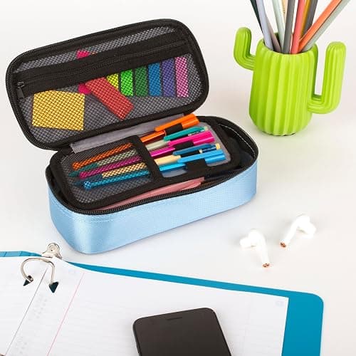 Five Star Pencil Pouch, Pen Case, High-Capacity Zipper Pouch, Storage Organizer for School Supplies Earbuds Chargers Cables Makeup, Blue/Denim (500212F-ECM) thumbnail 2