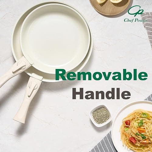 Chef Power Ceramic Cookware Set Non Toxic with Detachable Handles, Healthy Nonstick Pans and Pots Set 19 Pcs, Induction Dishwasher Oven Safe Kitchen Set, PFAS PFOA & PTFE Free, Cream White thumbnail 7