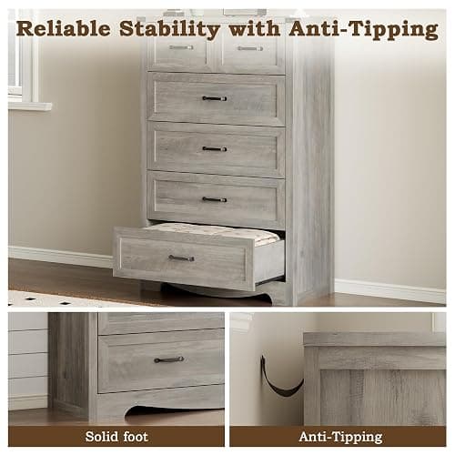 BORNOON Tall 6-Drawer Dresser for Bedroom, Modern Wooden Chest of Drawers with Metal Handles, Anti-Tipping Design, Sturdy and Stable Storage Organizer for Living Room, Entryway, Home Office thumbnail 6