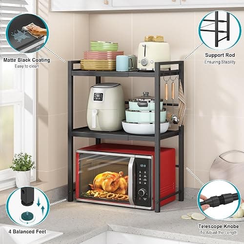 DOLALIKE Expandable Microwave Rack, Countertop Kitchen Utensils Tableware Storage, Carbon Steel 3 Tier Shelf with 3 Hooks thumbnail 4