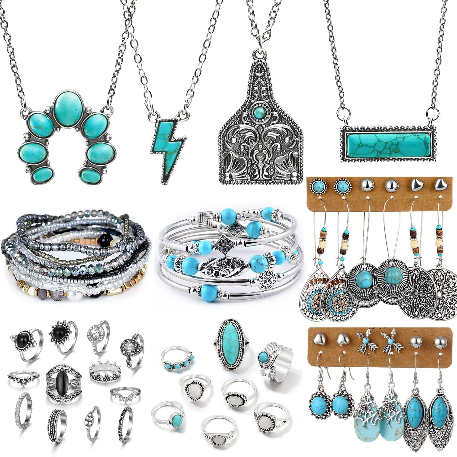 IFKM Bohemian Jewelry Set With Turquoise Necklace, Dangle Earrings, Stackable Bangle Bracelets, Knuckle Rings For Women Vintage Western Boho Turquoise Anniversary Birthday Friendship Gift - Image 1