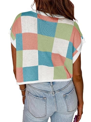 Saodimallsu Womens Cap Sleeve Crop Tops Summer Color Block Going Out Crew Neck Knit Trendy Casual Sweater thumbnail 4