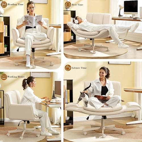 HeroSet Criss Cross Chair with Wheels & Armrests,Comfy Wide Vanity Chair,Scratch-Resistant Pu Leather Cross Legged Desk Chair,Height Adjustable Computer Office Desk Chairs for Home,Makeup,Bedroom thumbnail 3