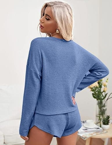 Ekouaer Womens Waffle Knit Pajama Sets Long Sleeve Top and Shorts Matching Lounge Set Loungewear Sweatsuit with Pockets thumbnail 3