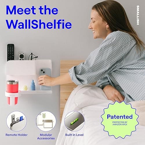 WallShelfie Bedside Wall Organizer - Room Decor, Dorm Room Essential, Floating Bedside Shelf Wall Mount, Makeup Organizer, Remote Control Holder, Room Accessories, Floating Shelves (White) thumbnail 4