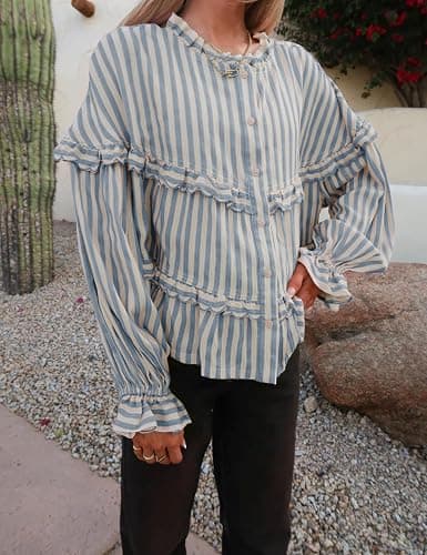 Tanming Womens Striped Button Down Shirts Ruffled Long Sleeve Stand Collar Shirt Dressy Casual Blouse Tops thumbnail 4