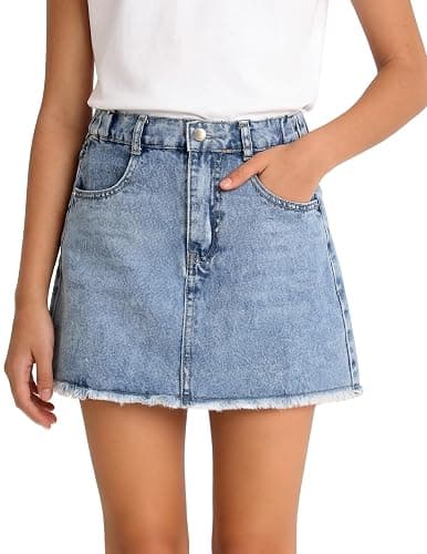PATPAT Denim Skirt for Girls 5-14 Years, A-Line Mid Waist Mini Jean Skirt with Elastic Waistband & Frayed Hem - Image 1