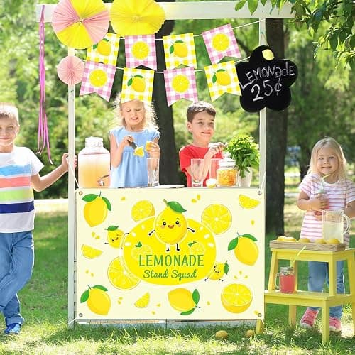 45 x 31 Inch Lemonade Stand Table Cloth and Hanging Banner Kit for Kids Lemon Party Supplies Lemonade Stand Backdrop Sign Lemon Cutout Centerpiece for Summer Beach Picnic Birthday Party Decorations - Image 1