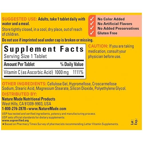 Nature Made Vitamin C 1000 mg Extra Strength, Dietary Supplement for Immune Support, 100 Tablets, 100 Day Supply thumbnail 5