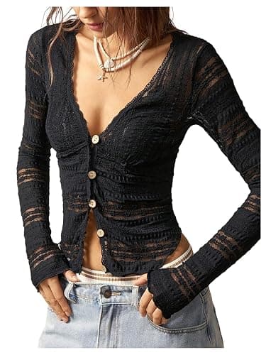 SOLY HUX Women's Button Down Lace Sheer Blouse Long Sleeve V Neck Shirt Tops Coquette Aesthetic Clothes - Image 1
