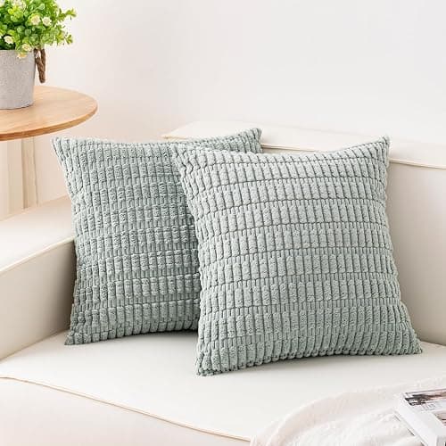 Aegero Pack of 2 Corduroy Decorative Throw Pillow Covers 18x18 Inch Soft Striped Pillow Covers Modern Farmhouse Home Decor for Sofa Living Room Couch Bed(Aqua) - Image 1