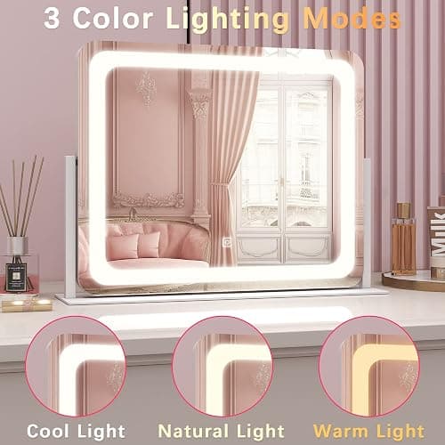 ROLOVE 22x17 Inch Lighted Vanity Mirror with Dimmable LED Lights - 3 Color Modes, Smart Touch Control & 360° Rotating Base - Desk Makeup Mirror (White) thumbnail 3