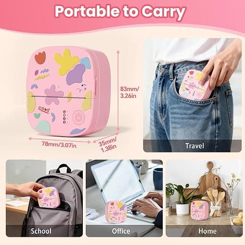XenGro Mini Sticker Printer AHM2, Mini Thermal Printer with 3 Rolls Paper, Bluetooth Inkless Printpods, Pocket Label Maker Suitable for Creative Kids DIY, Diaries, Photos, Study Notes -Light Pink thumbnail 8