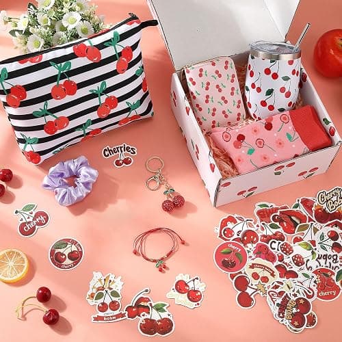 Landical 59 Pcs Cherry Gift for Women Include Themed Tumbler Mug Makeup Bag Sock Bracelet Necklace Scrunchie Wooden Ornament Greeting Card in Gift Box for Christmas Holiday thumbnail 2