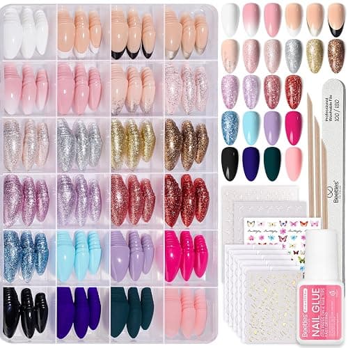 Beetles Press on Nails Kit 720Pcs 24 Colors, Short Almond Press on Nails Glossy Matte Glitter With Nail Glue & Nail Tabs Stickers, Natural Fit Lightweight Fake Nails Kit Art For Women Girls - Image 1