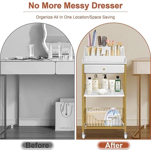 NauwaBarn Makeup Organizer Cart with Drawer, 2-in-1 Rolling Organizer Cart with Hair Tool Holder, Vanity Storage for Skincare, Perfume, Nail Polish, Cosmetics, Gold Finish thumbnail 6