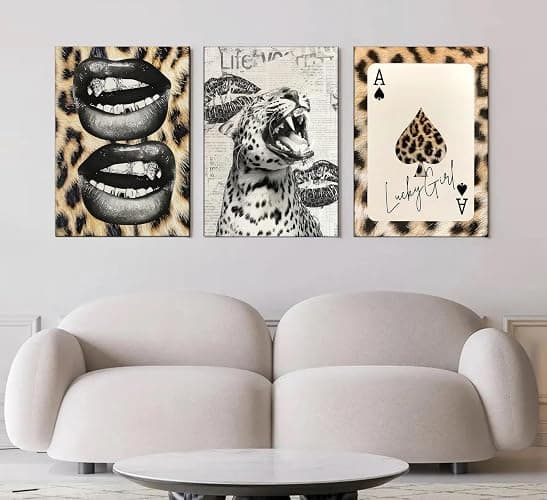 3Pcs Trendy Cheetah Roaring Canvas Wall Art Leopard Lucky Girl Poker Lips Painting Picture Wall Decor Funky Preppy Poster Print Artwork for Bedroom Girly Room Living Room Apartment Home Decoration thumbnail 2