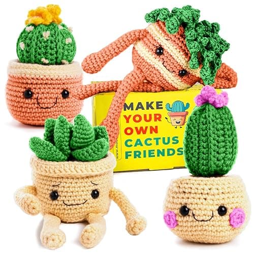 MODDA Crochet Kit for Beginners - Beginner Crochet Starter Kit with Easy-to-Follow Video Tutorials, Learn to Crochet Kits for Adults and Kids, DIY Knitting Supplies, Cactus Kit, 4 Pack Plants Family - Image 1