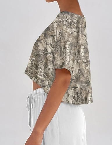 MSBESYOR Women Camo Off The Shoulder Shirt Top Short Sleeve Boat Neck Athletic Workout Crop Tees Oversized T Shirts Summer thumbnail 3
