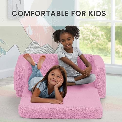 Delta Children Cozee Flip-Out Sherpa 2-in-1 Convertible Sofa to Lounger for Kids, Pink thumbnail 4