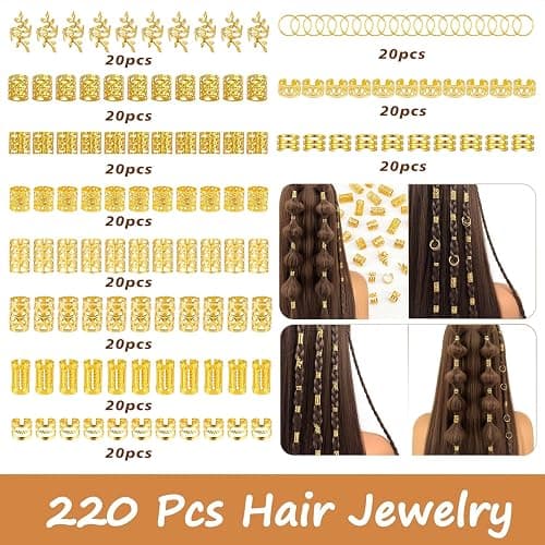 Hezoruo 220Pcs Gold Hair Clips for Braids and Dreadlocks, Adjustable Metal Hair Cuffs Rings Charms for Women, Bohemian Style Braiding Decoration Jewelry for Festival Party thumbnail 5