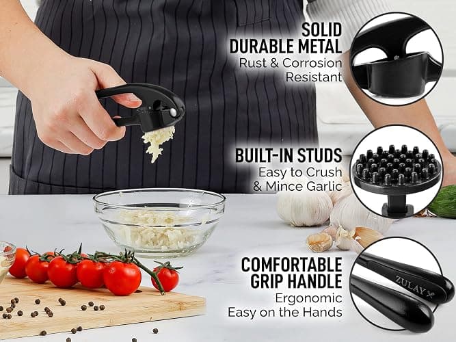 Zulay Kitchen Premium Garlic Press Set - Rust Proof Professional Garlic Mincer Tool - Easy-Squeeze, Easy-Clean with Soft, Ergonomic Handle - Silicone Garlic Peeler & Brush (Black) thumbnail 7