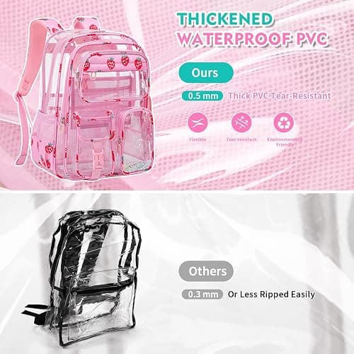 QIXIHU Clear Backpack for School,Transparent Backpack Stadium Events,Heavy Duty Clear Bookbag for Girls,Boys,Work,Sport Pink Strawberry thumbnail 9