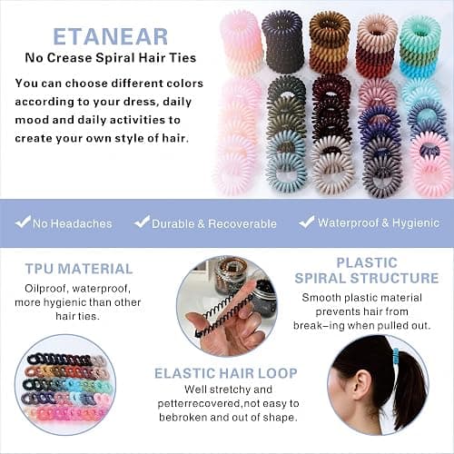 ETANEAR Spiral Hair Ties, 60-Pc Elegant Hair Scrunchies Elastic Hair Ties for Women's Hair Comfortable, Non-Slip, No Damage Perfect for Various Occasions/Styles, Ideal Gift for Girls, Kids - Full-Color - 30 Colors thumbnail 4