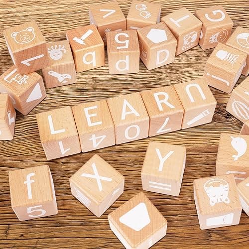 AXEARTE Alphabet Letters Stacking Blocks, 26 Wooden ABC Building Blocks for Toddlers, Number, Animals Icons on Every Side, Preschool Learning Educational Toys Montessori Sensory Toys for Kids thumbnail 6