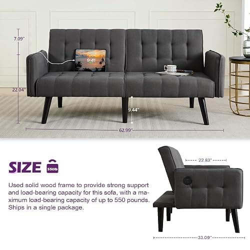 TYBOATLE 65“ Convertible Futon Sofa Bed w/ 2 USB, Upholstered Tufted Small Adjustable Folding Couch Loveseat, Modern Mid Century Sleeper Sofa for Living Room, Bedroom, Apartment, Office (Dark Grey) - Dark Grey thumbnail 3