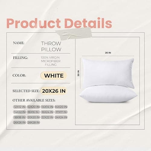 Utopia Bedding 20x26 Pillow Inserts, Set of 2, White – Indoor Decorative Throw Pillows for Bed, Sofa & Couch – Soft, Supportive & Fluffy Cushion Inserts thumbnail 3