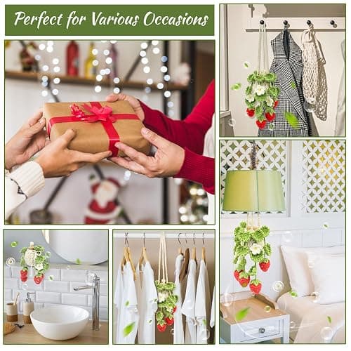 Crochet Car Air Freshener, 15ml Empty Refillable Oil Diffuser Bottle with Hanging Crochet Strawberry Plant for Car Rearview Mirror Air Freshener Diffuser for Home, and Office Decor thumbnail 7