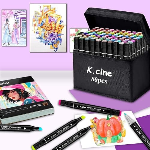K.CINE 80 Colors Alcohol Markers for Adult Coloring Books, Dual Tip Art Markers with Brush Tip & Chisel Tips for Coloring, Illustrations, Drawing, Sketching with Carrying Case thumbnail 2