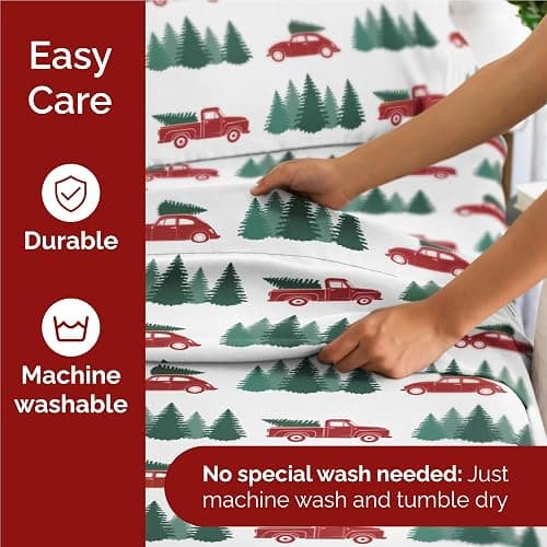 Full Christmas Christmas Tree Sheet Set - Holiday Xmas Pattern Bedding Set - Deep Pockets - Snug Fit - 4 Piece - Wrinkle Free - Cooling Comfy Festive Winter Holiday Sheets for Women, Men, Kids & Teens thumbnail 6