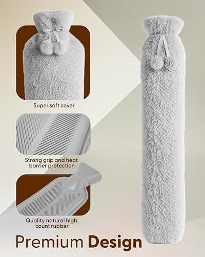 KEPLIN Extra Long 2L Hot Water Bottle with Super Soft Fleece Cover, Durable Natural Rubber, Long Lasting Warmth for Neck, Back & Body, Winter Comfort - Grey thumbnail 6