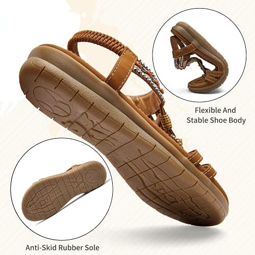 TETSUO Women Sandals Walking Flats Summer Beach Sandals Arch Support Casual Dressy Shoes for Women Elastic Ankle Strap Jeweled Bohemian Shoes thumbnail 5