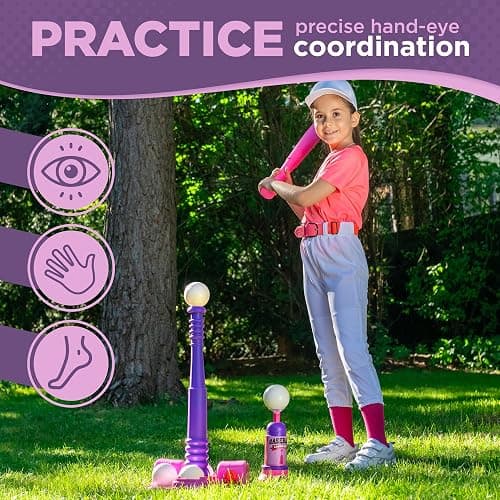 T Ball Stand for Kids and Toddlers 1-3, 3-5, 5-8. Baseball Set Includes 6 Large Balls, an Adjustable Tball Batting Tee, and a Pitching Machine. Kids Bat and T-Ball Set thumbnail 5