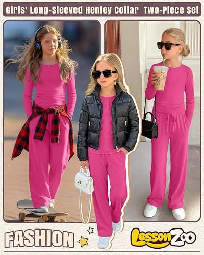 LessonZoo Girls 2 Piece Outfits Lounge Sets Long Sleeve Ruched Knit Henley Neck Fitted Tops Straight Leg Pants with Pockets thumbnail 2