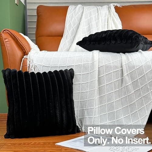 18x18 Throw Pillow Covers Set of 2, Decorative Faux Fur Covers for Bed, Couch Soft Fluffy Pillow Cover with Velvet Back for Living Room, Neutral Home Décor Accent for Sofa - Black thumbnail 3