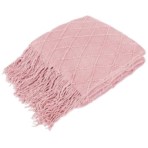 PAVILIA Light Pink Knit Throw Blanket, Soft Knitted Farmhouse, 50x60 | Lightweight Decorative Summer Fall Throw, Outdoor Textured Boho Blanket, For Couch Bed Sofa Chair Living Room Bedroom - Image 1