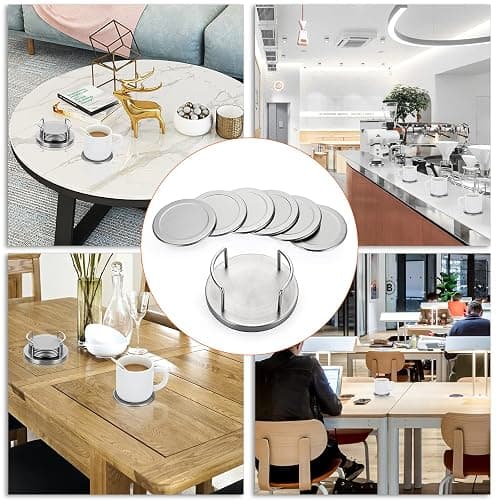 JUXYES Set of 6 Stainless Steel Round Coasters with Holder & Sponge Bottom, Silver Metal Cup Coasters Set Stunning Cool Coaster Cups Mats Decor for Restaurant Kitchen bar Dining Table thumbnail 9