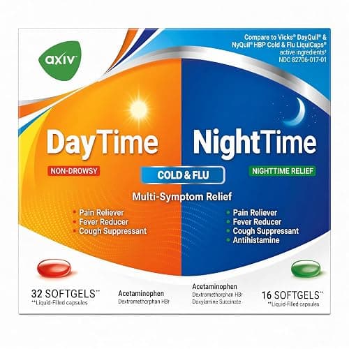 AXIV Day & Night Cold & Flu Medicine Combo Pack Softgels, Daytime & Nighttime Relief for Headache, Fever, Sore Throat, Minor Aches & Pains, & Cough, 48 Softgels - Image 1