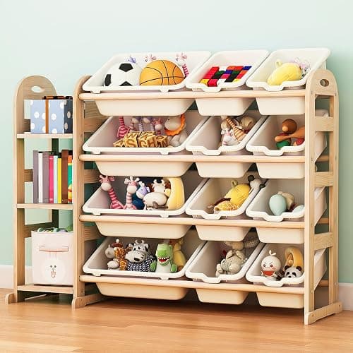 Toy Storage Organizer, Wooden Toy Organizers and Storage with Bookshelf, Toy Storage Shelf with 3 Shelves and 12 Storage Bins, Kids Bookshelf for Playroom, Nursery, Bedroom, Bookcase for Kids, White - Image 1