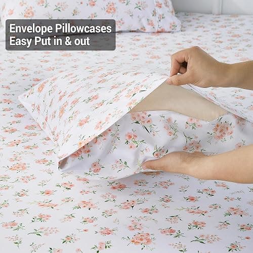 Viviland Floral Twin Sheet Set - 3 Piece Vintage Pink Flower and Leaves Patterned Bed Sheets - Soft, Breathable Microfiber Sheets with Deep Pocket, Non-Slip Fitted Sheets & Pillowcases thumbnail 5