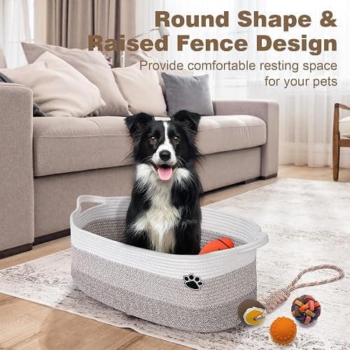 Optish Dog Toy Basket, Toy Box and Bin for Dog Cat Storage, 19.7" X 11" X 7.9" (30L) Large Woven Rope Basket for Blanket Storage, Living Room, Bedroom, White & Brown thumbnail 5