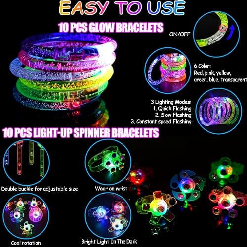 FODYNE 170 PCS Glow in the Dark Party Supplies Adult kids party favors, LED Glasses, Glow Hair Clips, Glow Glasses Molds, glow sticks bulk party pack, Glow bracelets, Glow Spinner bracelet thumbnail 5
